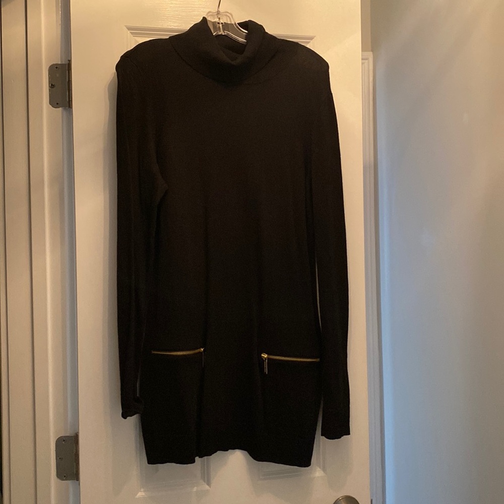 Michael Kors size L, cowel neck, black long sleeve sweater dress w/ gold zippers
